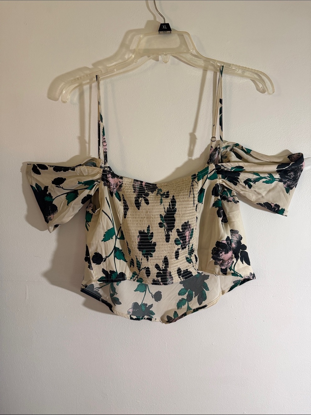 FREE PEOPLE Floral Off-Shoulder Crop Top - Cream with Green & Black - Picture 3 of 3